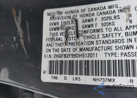 2013 Honda Civic Ex-L from USA, damaged, VIN 2HGFB2F99DH512011